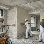 Munkások Baumit MPI 25 mész-cement gépi vakolattal dolgoznak beltéri falakon