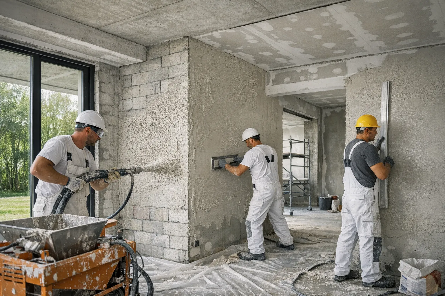 Munkások Baumit MPI 25 mész-cement gépi vakolattal dolgoznak beltéri falakon